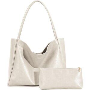 White  Tote Bag for Women 2 Pcs Large Casual PU Weekender Bag Soft Vegan Leather